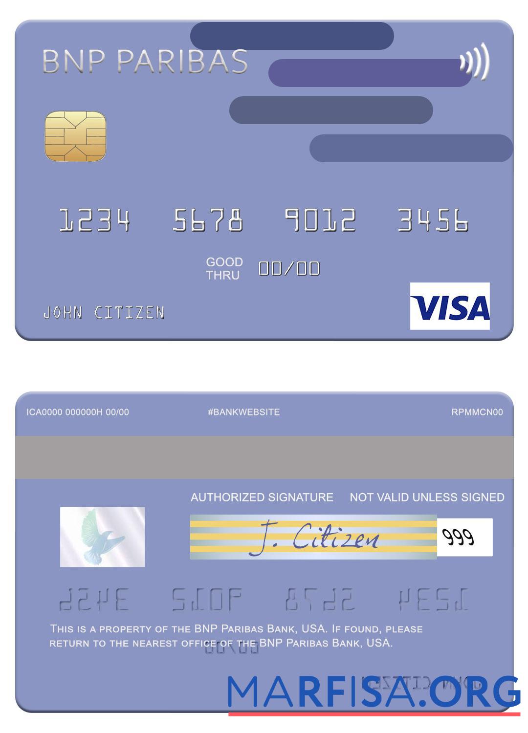 Realistic USA BNP Paribas Bank visa card template